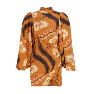 Rhode Luke Brunette Kiku Grande Floral Mock Neck Long Puff Sleeve Mini Dress